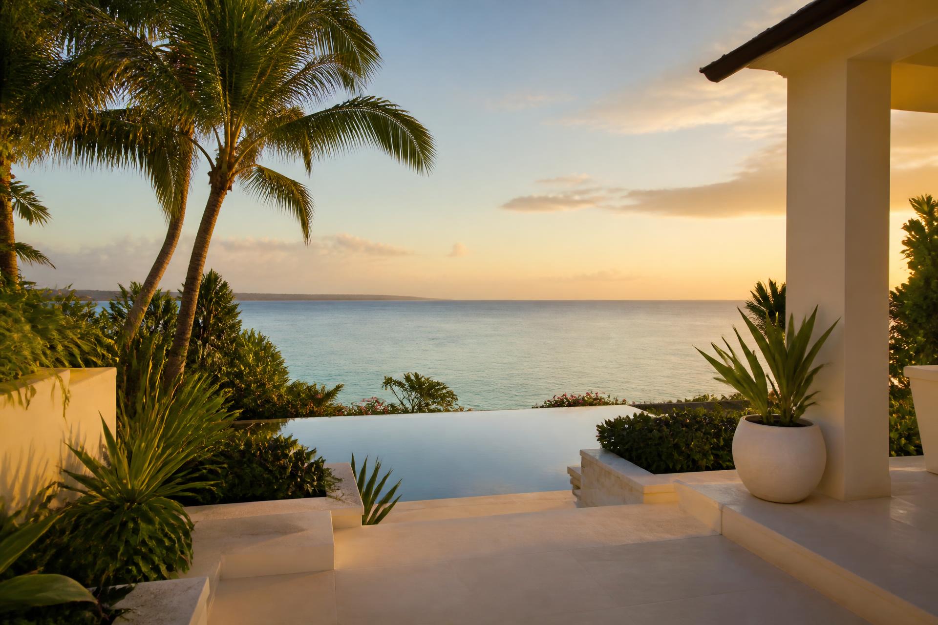 Luxury tropical terrace with infinity pool overlooking the calm turquoise ocean of Mauritius